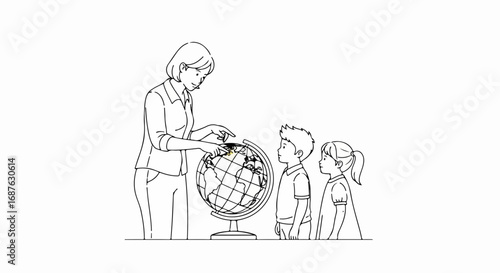 Teacher and students with globe, learning together in classroom setting. Teacher explains geography to children and students are looking at globe. Globe learning concept for education materials.