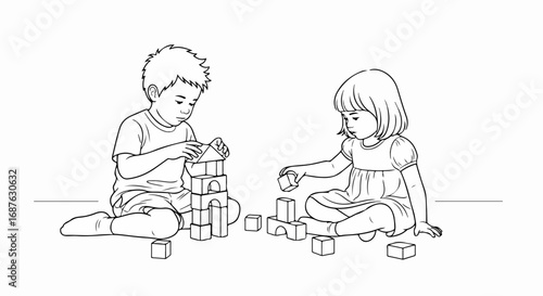 Children playing with blocks depicted in outline style, children playing with blocks are constructing a tower with great concentration. Children are deeply engaged in constructing toys,