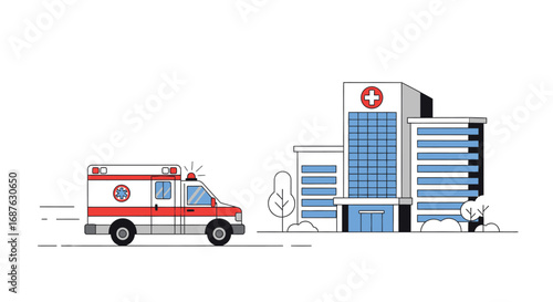 A red and white ambulance rushes towards a modern hospital building with a prominent red cross symbol on its roof.