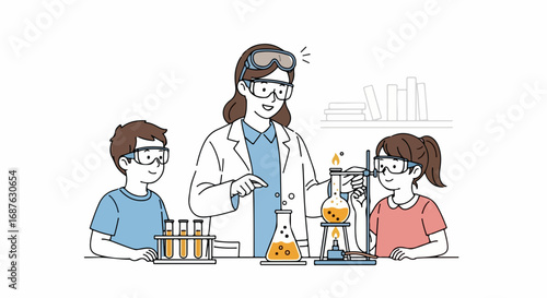 Science experiment with teacher and kids wearing goggles and lab coats. Science experiment involves conducting scientific tests and making observations.