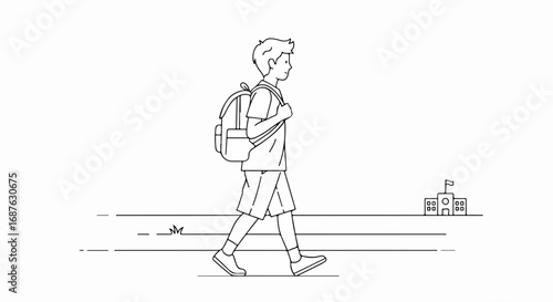 Boy going to school illustrated with monochromatic linework shows carefree student with backpack walking to school. Boy going to school is a simple graphic with white background,