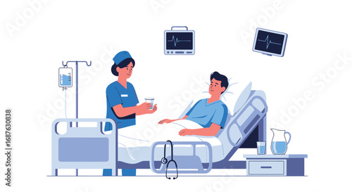 A nurse in blue uniform gives a glass of water to a male patient lying in a hospital bed with medical equipment around.