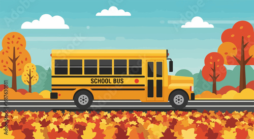 Bright yellow school bus, driving on asphalt road with autumn leaves. School bus transports pupils to educational institutions through scenic routes filled with fall foliage.