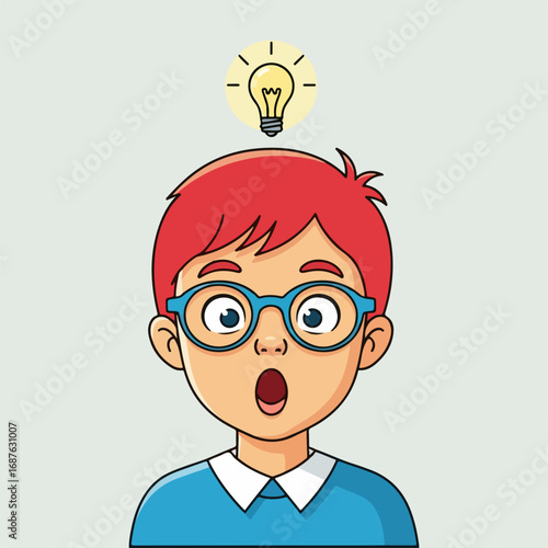 Boy with an idea in cartoon style, boy with an idea represented by a lightbulb illuminating his face. Boy with an idea indicates a eureka moment with an amazed expression,