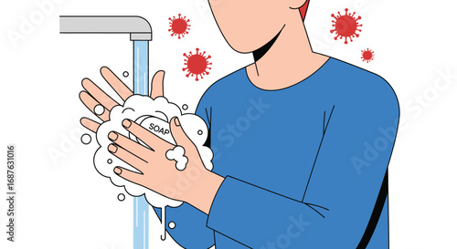 Illustration of a person washing their hands with soap under running water to prevent the spread of viruses.