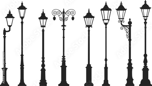Vintage street lamp collection, antique outdoor lighting, classic iron lanterns, old-fashioned lampposts, decorative garden lights, urban night illumination, flat vector illustration