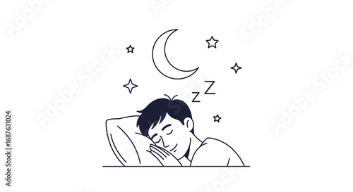 Illustration of a young man sleeping peacefully on a pillow under a crescent moon and stars, with "zzz" indicating sleep.