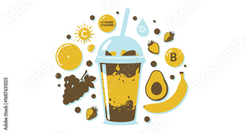 Illustration of a smoothie in a plastic cup with a straw, surrounded by fruits and vitamin symbols, promoting healthy eating and nutrition.