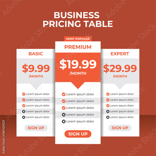 Red Business Pricing Table Template, Modern pricing table infographic for business subscription plans