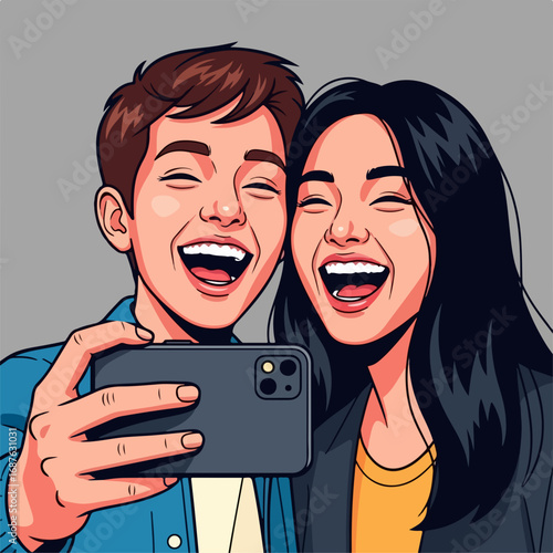 Capturing happy couple taking selfie together in studio setting, candid shot of two friends. Happy couple enjoying self-portrait photography with mobile phone. Using selfie as fun memory,