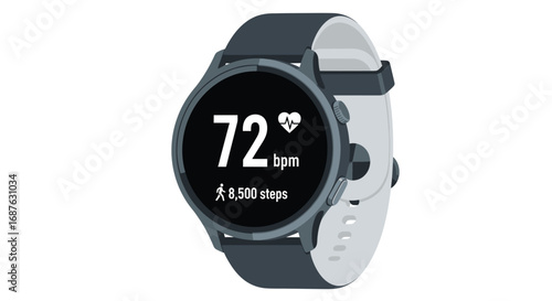 Smartwatch displaying a heart rate of 72 bpm and 8,500 steps, with a dark gray case and two-tone band, isolated on white.