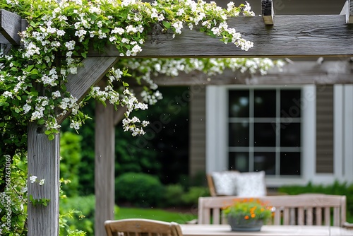 Jasmine flower vines trained along a pergola beam above an outdoor seating area, flowers catching morning dew 