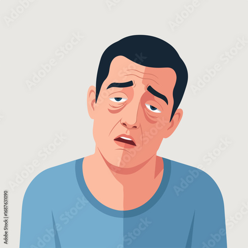 Sleep deprived man with dark circles, looking exhausted and tired. Sleep deprived expression is evident on his face, with tired eyes and a weary gaze conveying overwhelming fatigue.