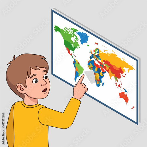 Boy pointing at world map in classroom, discovering countries in engaging school geography lesson. School geography helps curious student learn continents,