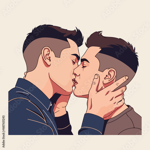 Two men kissing closely, sharing a tender and intimate moment captured in this illustration of love. Passionate kissing, love is expressed through touch as they embrace. Depicting love,