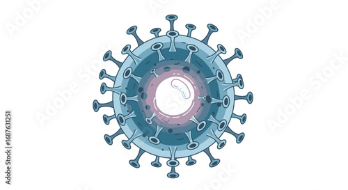 An illustration of a coronavirus particle, featuring a blue and purple color scheme, against a white background.