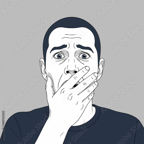 Frightened man covering mouth in disbelief against neutral background. Frightened man feels fear after witnessing accident, he is shocked and anxious, feels terrified.