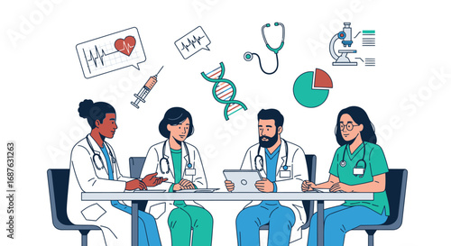 Four diverse medical professionals collaborate at a table, surrounded by healthcare symbols, discussing patient care and research.