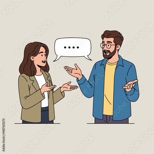 People talking illustrated with man and woman exchanging ideas and discussing plans. People talking face each other with expressions, gestures, and dialog balloon, suggesting effective communication.