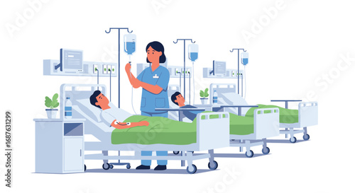 A nurse adjusts an IV drip for a patient lying in a hospital bed, with other patients and equipment visible in the ward.
