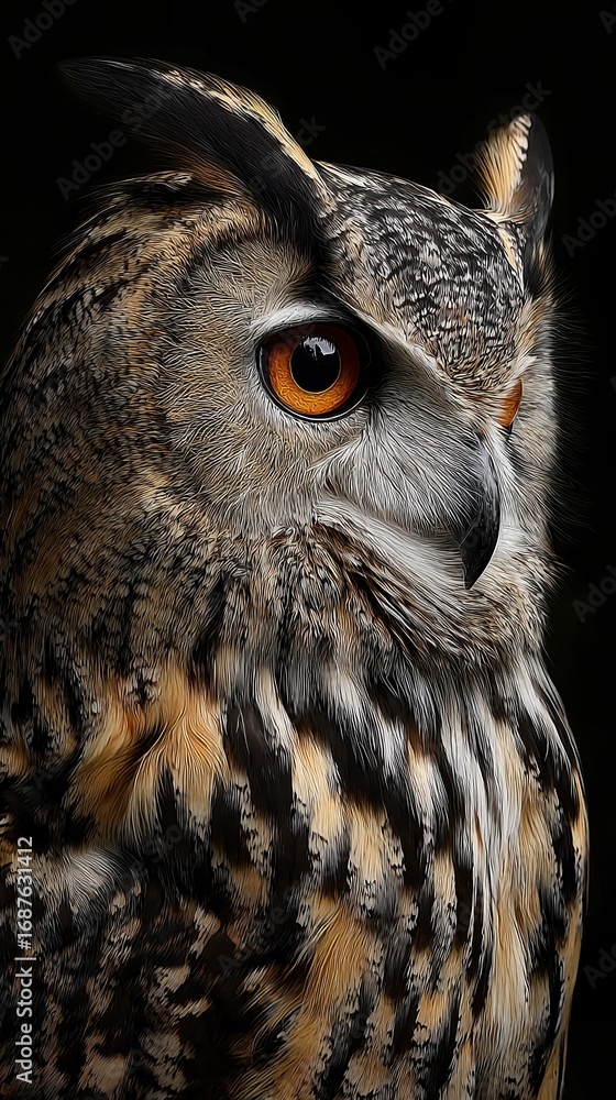 Fototapeta premium Majestic Owl Portrait with Striking Eyes Against Dark Background