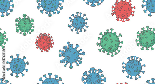 Illustration of various colored coronavirus cells scattered across a white background, depicting the spread of the virus.