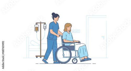 A nurse pushes a female patient in a wheelchair, with an IV drip nearby, in a hospital setting.