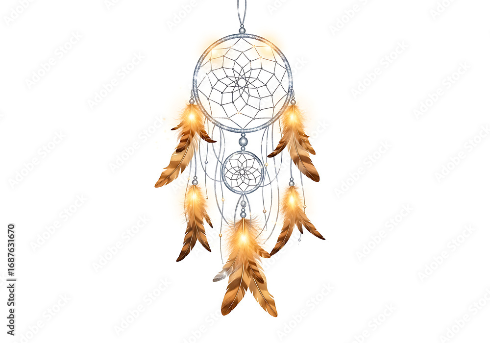 Fototapeta premium Handcrafted dreamcatcher with feathers and beads for spiritual protection and home decor white background