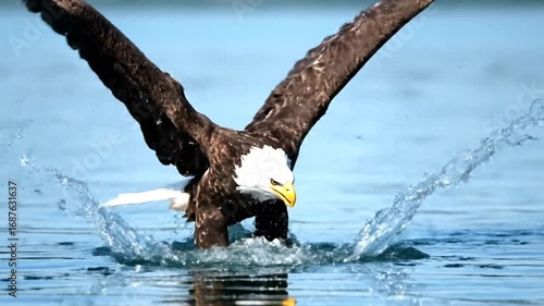 A majestic bald eagle with wings spread wide, catching prey from the water and creating a splash.