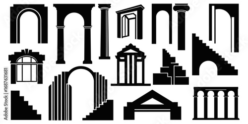 Vector Silhouettes of Architectural Elements Arches, Pillars, Staircases, and Facades for Design and Decoration
