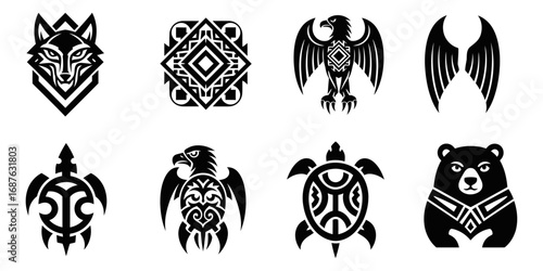 Stylized tribal animal vector symbols, geometric patterns, ideal for graphic design elements, cultural emblems, and ornamental backgrounds.