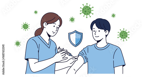 A nurse administers a vaccine to a young man, with a shield symbolizing protection against floating virus particles.