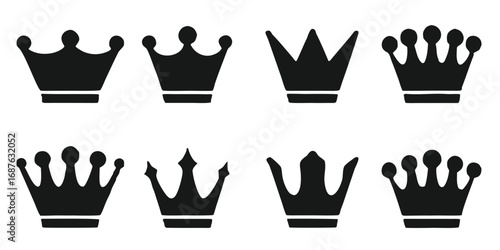Eight Black Crown Silhouettes on Transparent Background royalty king