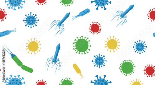 A repeating pattern of various viruses and bacteriophages in red, green, blue, and yellow against a white background.