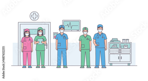 A group of medical professionals wearing scrubs and face masks stand in a hospital hallway near a doorway and medical equipment.