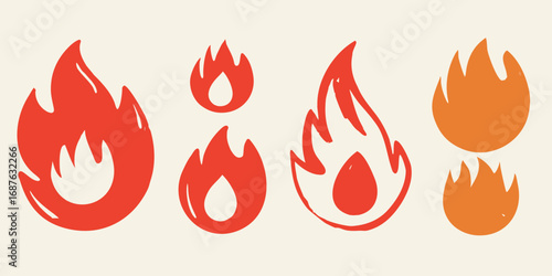 Six Stylized Fire Flame Icons in Red and Orange on Cream Background symbol heat