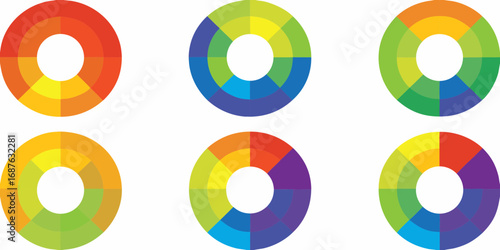 Six Concentric Ring Charts with Color Segments on White Background circle graphic