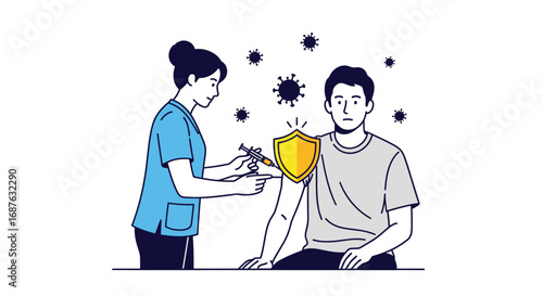 A nurse administers a vaccine to a patient, represented by a shield, protecting him from surrounding viruses.