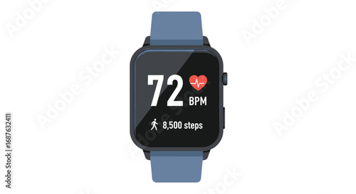 A smartwatch displays health data, including heart rate (72 BPM) and steps taken (8,500), set against a clean white background.