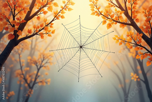 Spider web hanging among autumn trees with orange leaves  