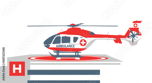 A red and white air ambulance helicopter is landing on a hospital helipad, ready for emergency medical transport.