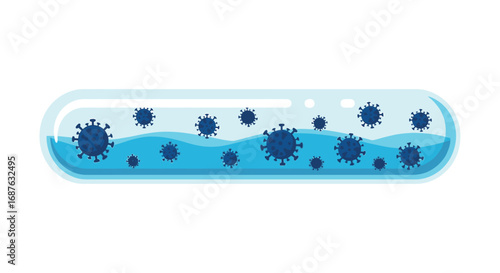 Illustration of a test tube containing blue liquid and several floating virus particles.