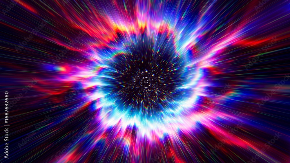 Fototapeta premium Flight to the stars at the speed of light. Portal for hyperspace jump. Colorful glowing cosmic background. Hyper Speed teleport. Time warp. Space traveling. Explosion in universe. Big bang. 3d render