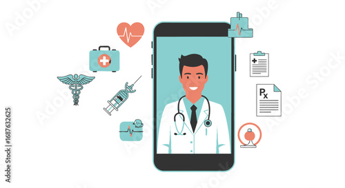 A doctor appears on a smartphone screen with medical symbols surrounding it, representing telehealth and online healthcare services.