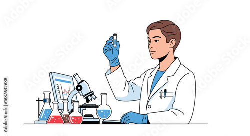 Illustration of a scientist in a lab coat examining a vial with scientific equipment including a microscope and beakers.