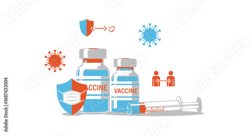 Illustration depicting vaccine vials, syringe, shields, virus, and social distancing, representing protection against disease.