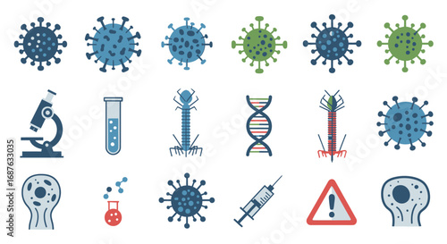 A collection of vector illustrations depicting various scientific and medical elements, including viruses, a microscope, DNA, and a syringe.
