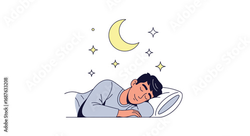 Illustration of a man sleeping peacefully on a pillow under a crescent moon and stars, suggesting rest and dreams.