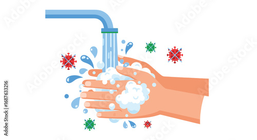 Illustration of hands being washed with soap and water under a faucet, surrounded by virus particles.