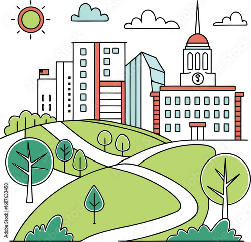 “Eco-Friendly Urban Landscape with City Park – Green City Vector”